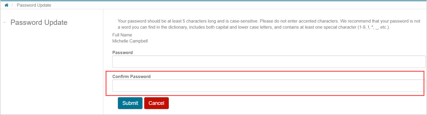 On the Password Update page, the user's name is printed under "Full Name", and the text field for Confirm Password is highlighted.